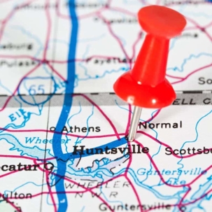 Map with a pin on Huntsville